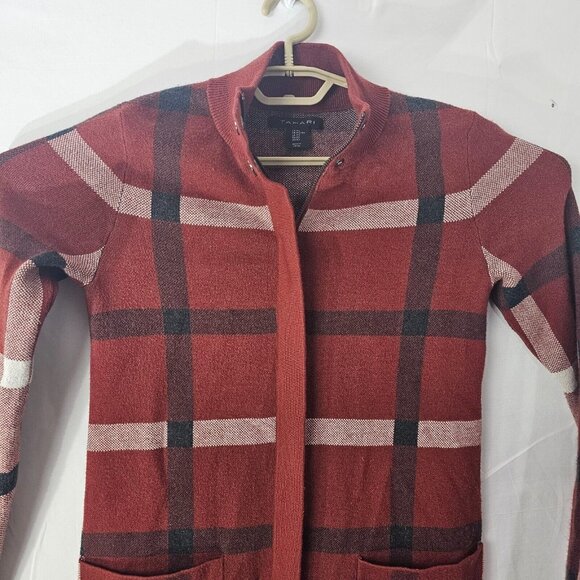 Tahari Fleece Jacket Womens XS Red Plaid Full Zip Duster Parka Mid Length - Picture 9 of 12